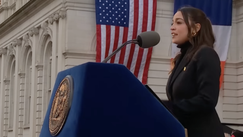 Alexandria Ocasio-Cortez and Zohran Mamdani together at an inauguration event