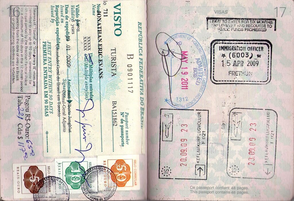 Passport pages with entry stamps from Brazil, Iceland, the UK and the United States.