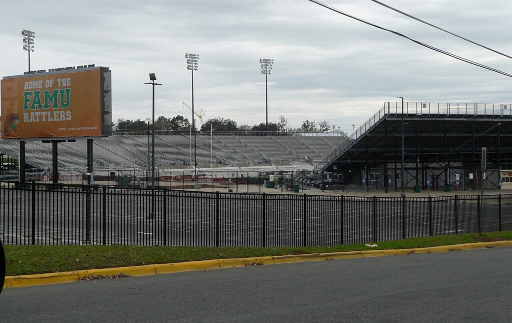 Bragg Memorial Stadium at Florida A&M University in Tallahassee, seen from Perry Street.