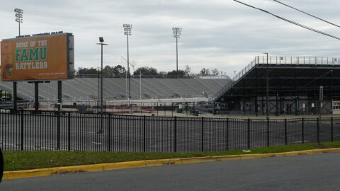 Bragg Memorial Stadium at Florida A&M University in Tallahassee, seen from Perry Street.