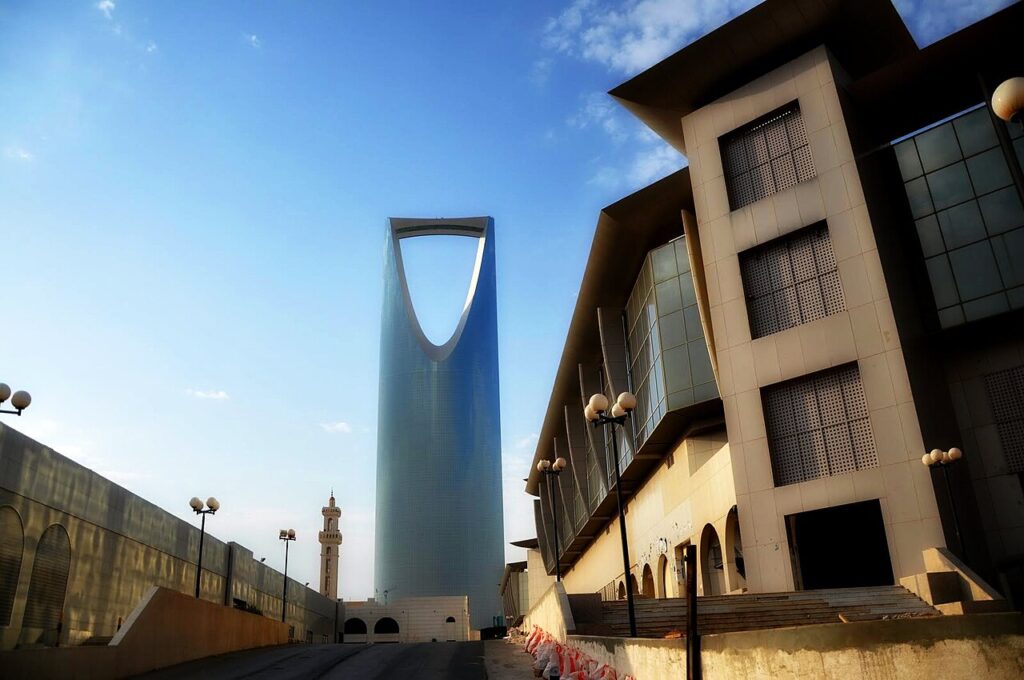 The Kingdom Centre skyscraper in Riyadh, Saudi Arabia, with its distinctive arched tower
