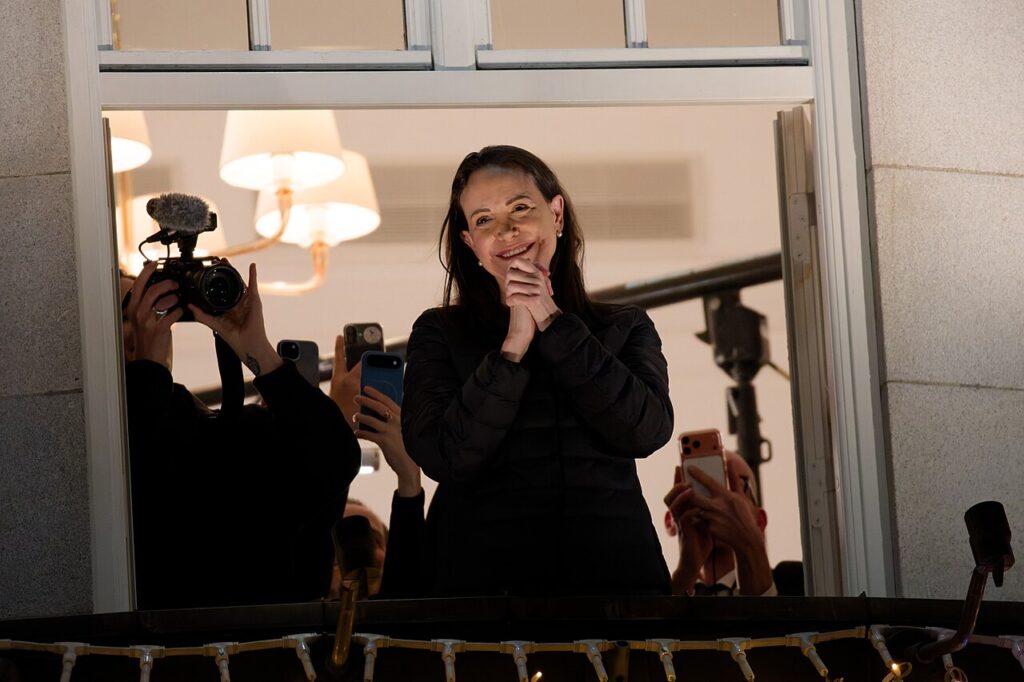 María Corina Machado waving to supporters during Nobel Week 2025 in Oslo