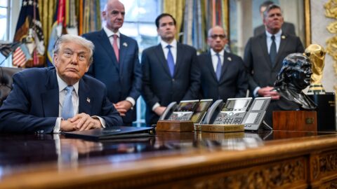 US President Donald Trump answers questions from reporters in the Oval Office, November 17, 2025