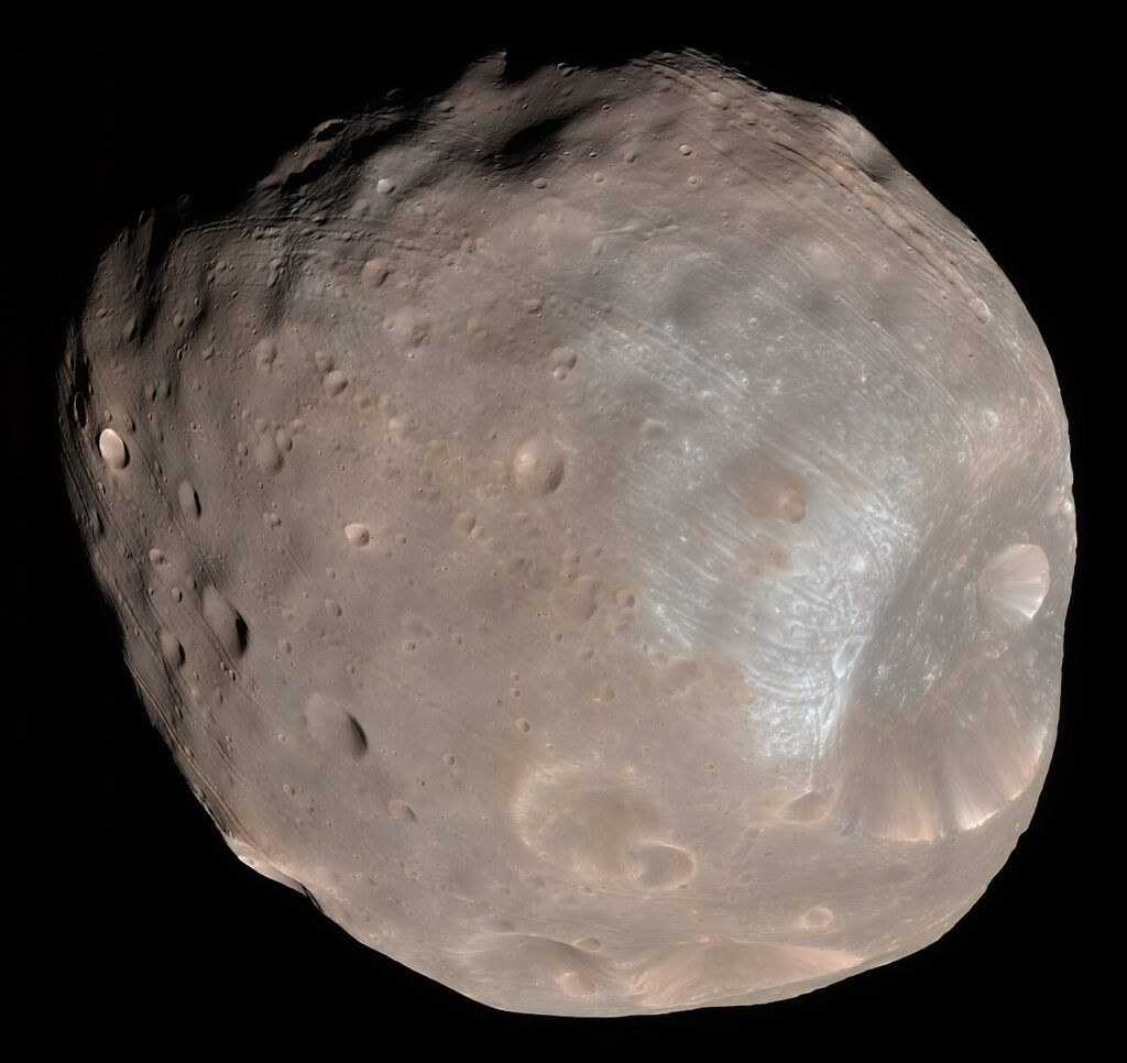 Close-up of Mars's moon Phobos showing the giant Stickney impact crater, photographed by NASA's Mars Reconnaissance Orbiter