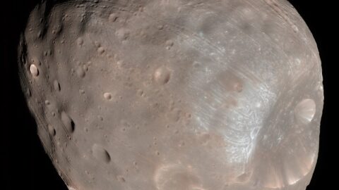 Close-up of Mars's moon Phobos showing the giant Stickney impact crater, photographed by NASA's Mars Reconnaissance Orbiter