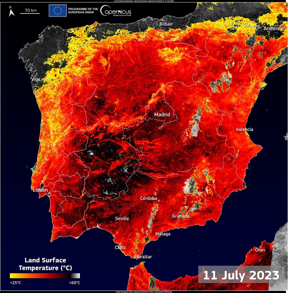 Land surface temperature map of the Iberian Peninsula during a European heatwave, showing extreme heat in deep red