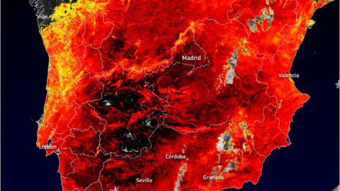 Land surface temperature map of the Iberian Peninsula during a European heatwave, showing extreme heat in deep red