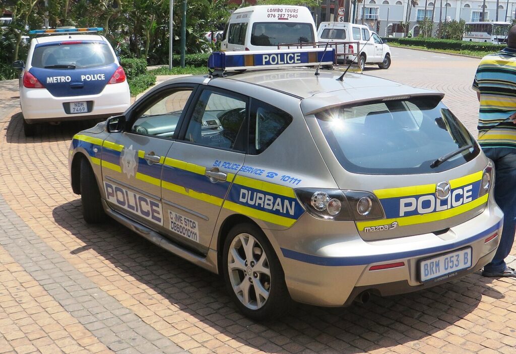 Marked South African Police Service patrol car in Durban, South Africa