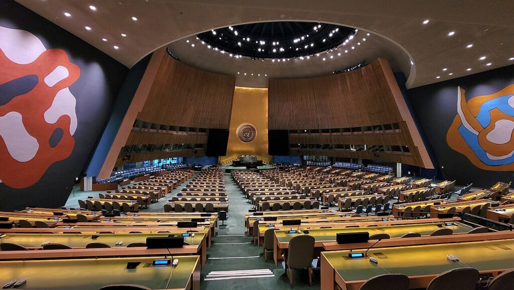 The United Nations General Assembly hall in New York, where member states voted on the Cuba embargo resolution.