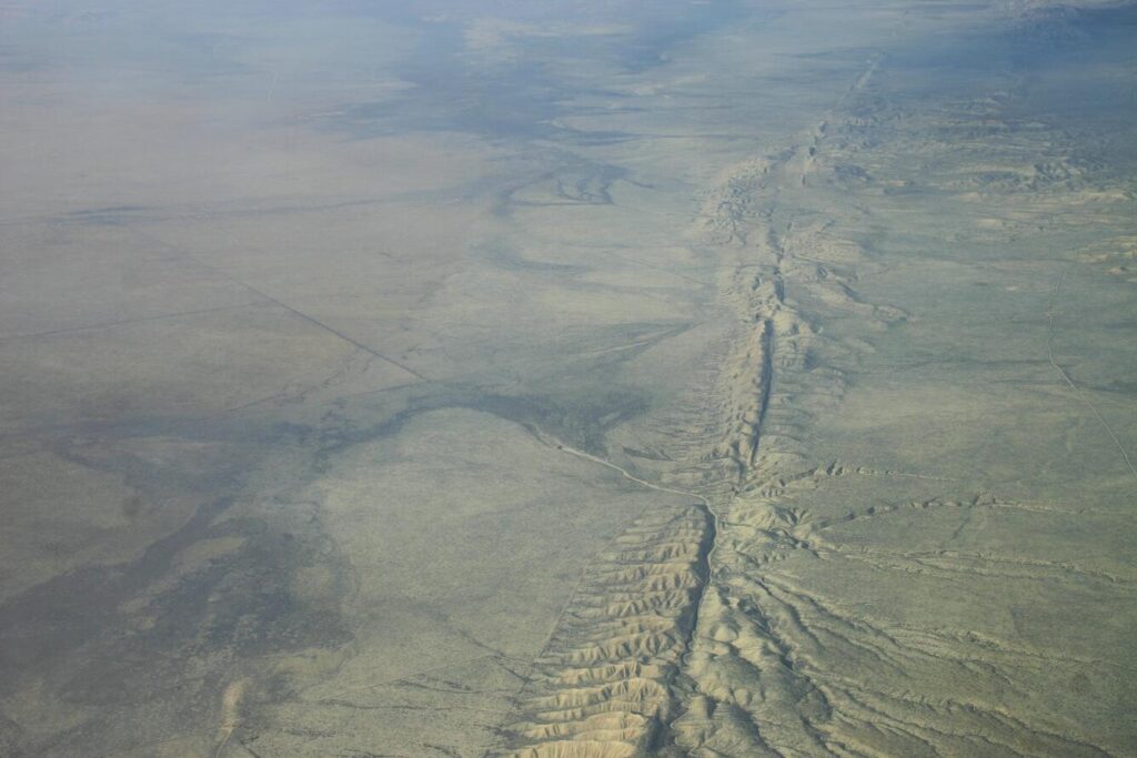 Aerial photograph of the San Andreas Fault cutting across the Carrizo Plain