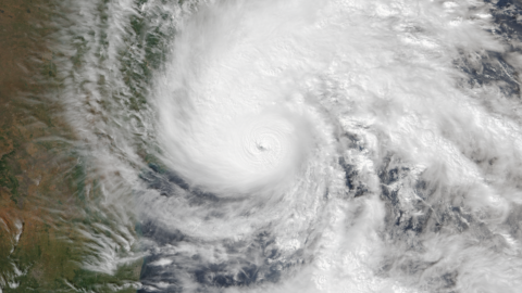 Satellite image of very severe Cyclone Arnab swirling over the Bay of Bengal near India's Andhra Pradesh coast on October 27, 2026