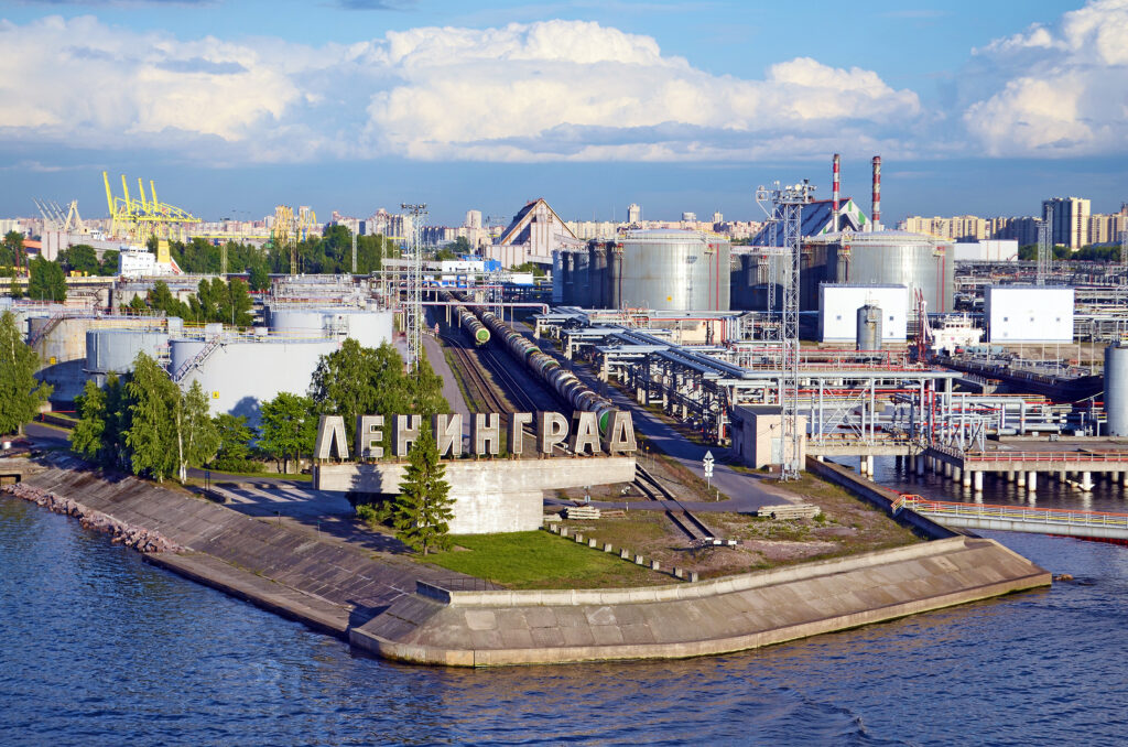 Oil storage tanks, pipelines and rail tankers at the Port of St. Petersburg's oil facilities — the area struck in the October 18, 2026 drone attack.