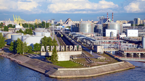 Oil storage tanks, pipelines and rail tankers at the Port of St. Petersburg's oil facilities — the area struck in the October 18, 2026 drone attack.