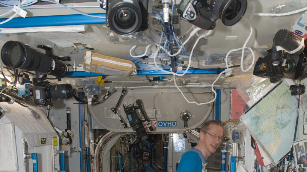 ESA astronaut Frank De Winne exercising on the COLBERT treadmill aboard the International Space Station