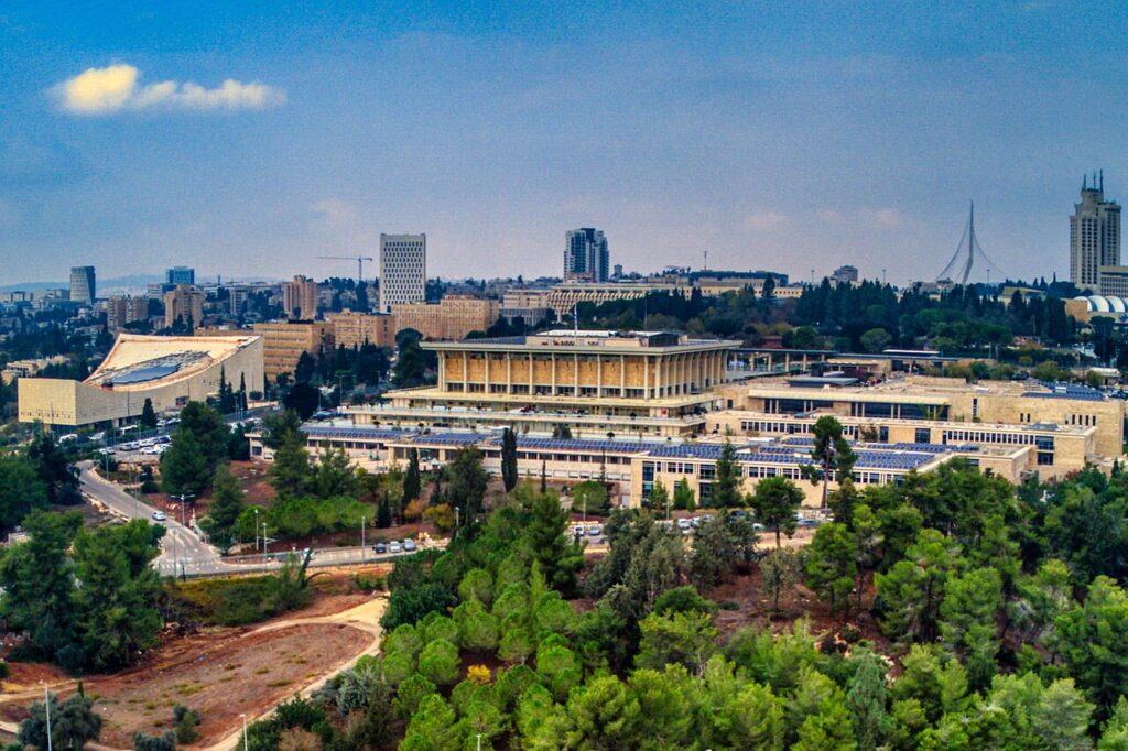 The Knesset building in Jerusalem, Israel's parliament, where the 120 seats being counted will decide the next government.
