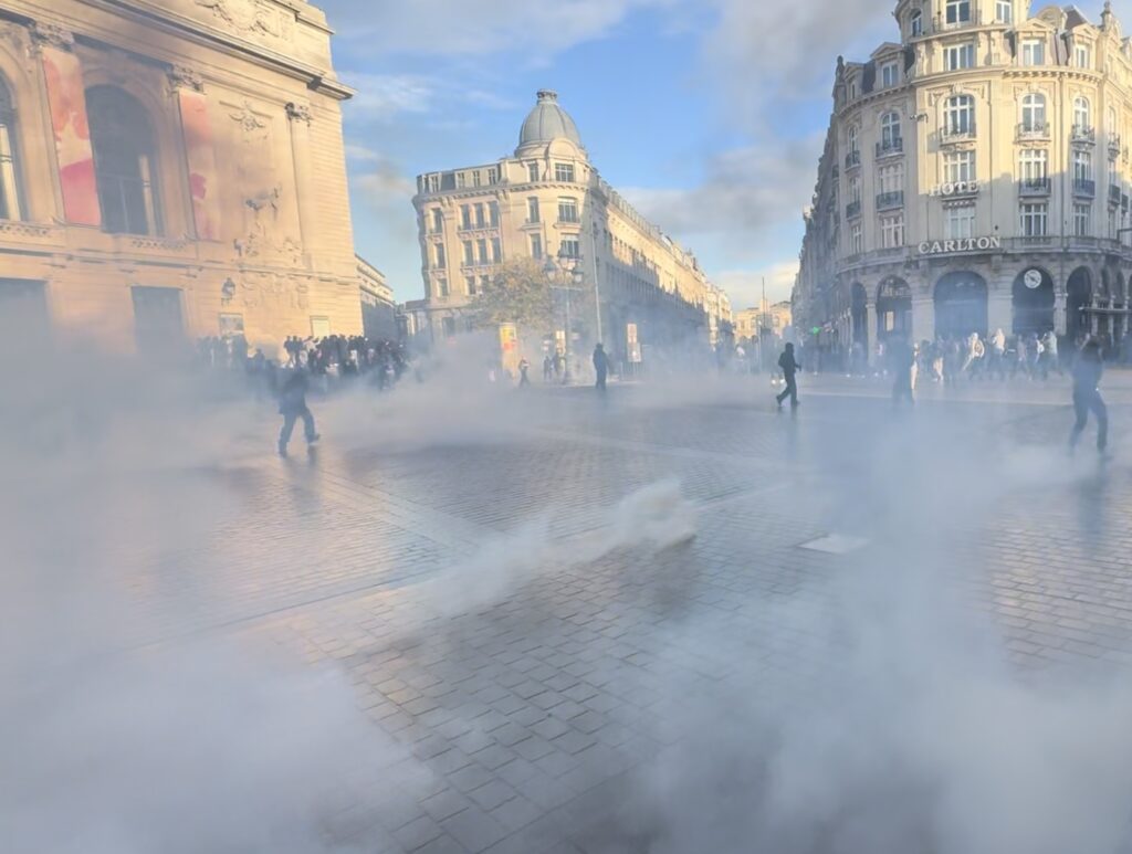 Tear gas fills a square in Lille, France, during the October 2026 cost-of-living protests