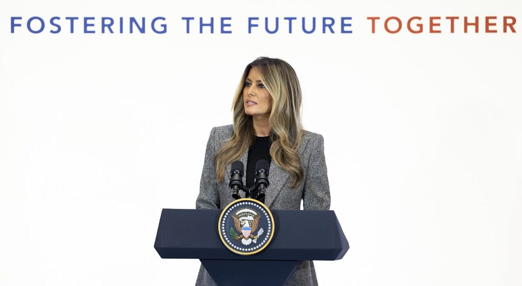 First Lady Melania Trump delivers remarks at a White House summit in Washington, March 2026