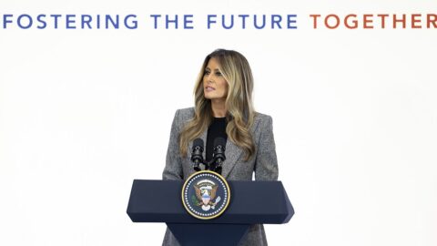 First Lady Melania Trump delivers remarks at a White House summit in Washington, March 2026