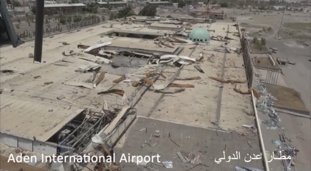 Aerial view of the damaged terminal at Aden International Airport in Yemen, photographed in 2017