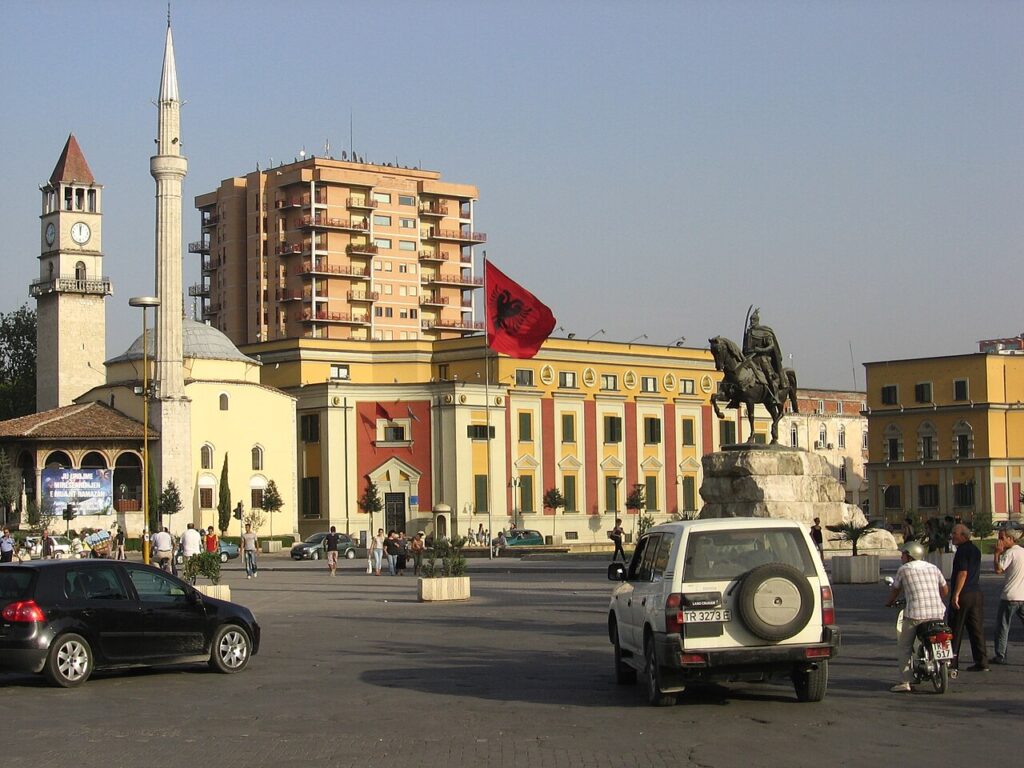 The Skanderbeg monument on the central square in Tirana, Albania — the epicenter of the protests
