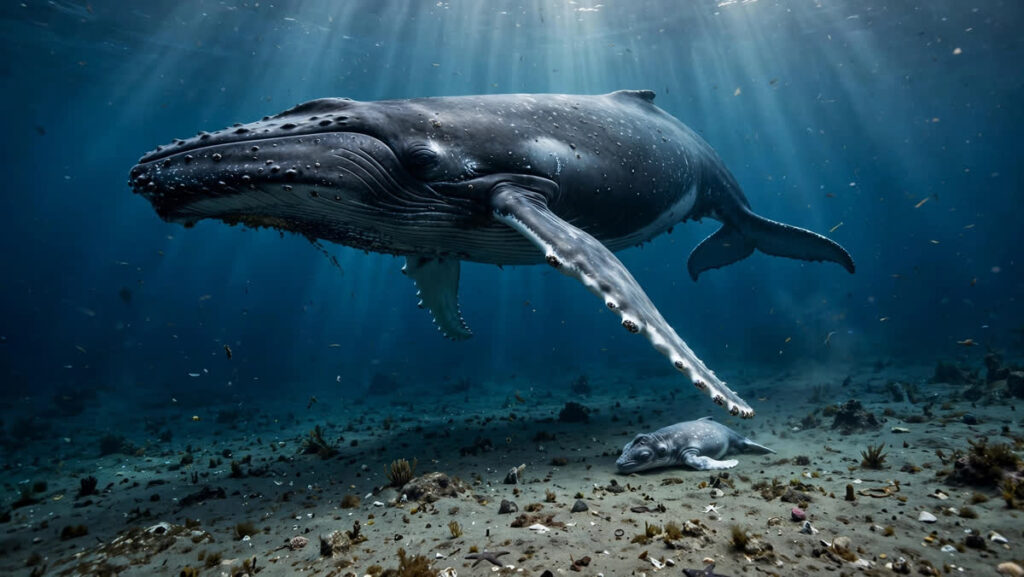 A humpback whale mother hovering protectively over her stillborn calf on the ocean floor in blue water with sunbeams
