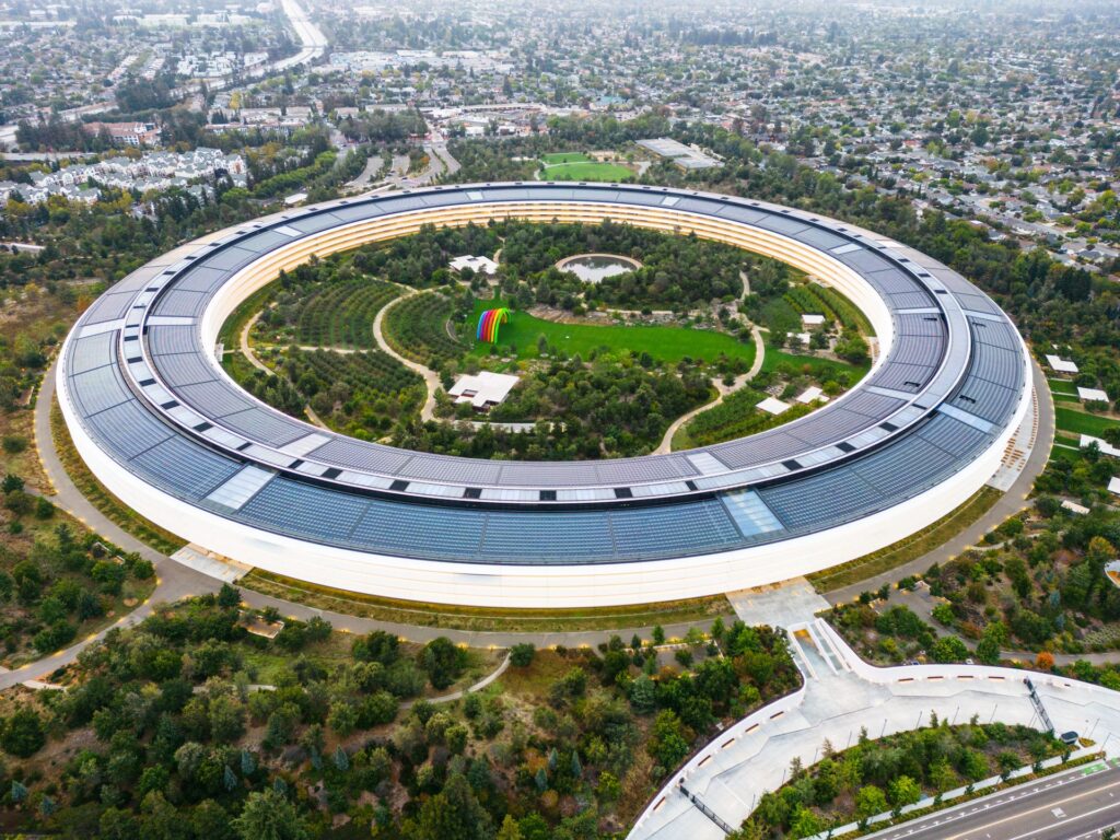 Aerial view of Apple Park, Apple's headquarters in Cupertino, California