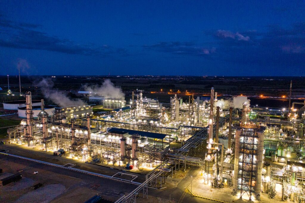 An oil refinery lit up at night