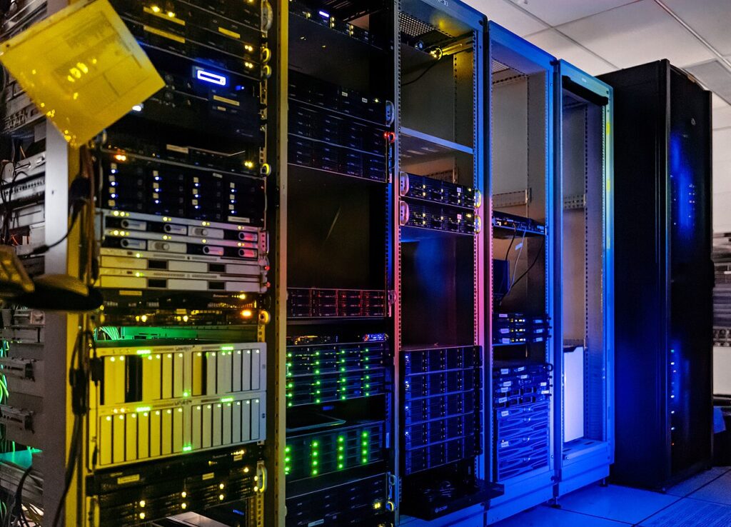 Rows of server racks in a data center, the kind of hardware an AI inference engine like DeepInfer runs on
