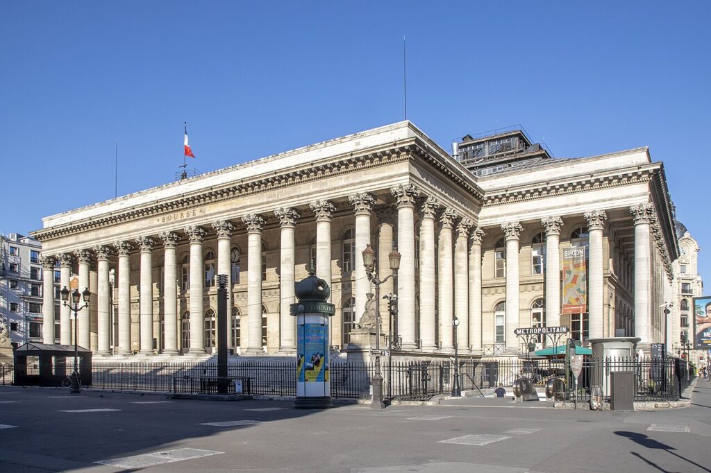 The columned facade of the Palais Brongniart, the historic Paris stock exchange building