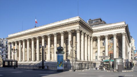 The columned facade of the Palais Brongniart, the historic Paris stock exchange building