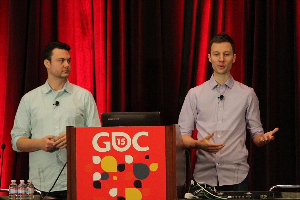 BioWare's Mark Wilson and Kaelin Lavallee presenting the story and systems of Dragon Age: Inquisition at GDC 2015