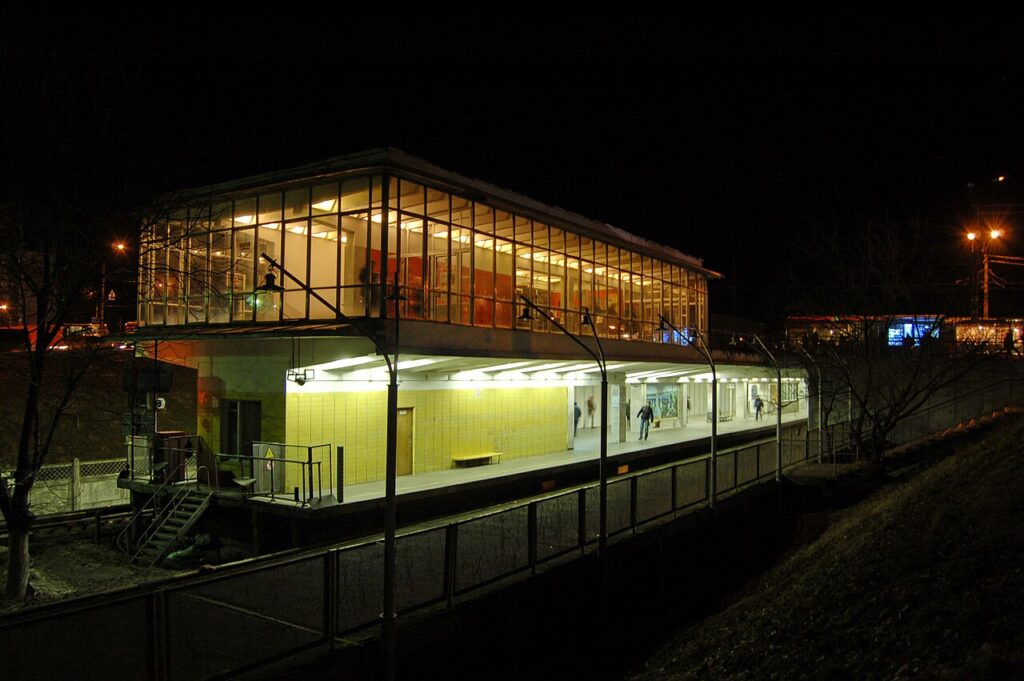 The above-ground Chernihivska metro station in Kyiv at night (file photo)