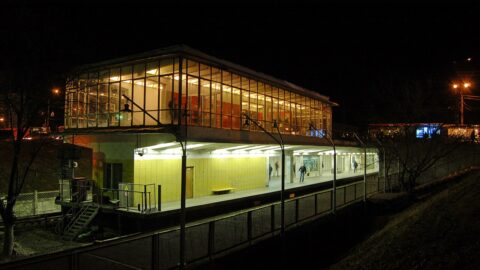 The above-ground Chernihivska metro station in Kyiv at night (file photo)