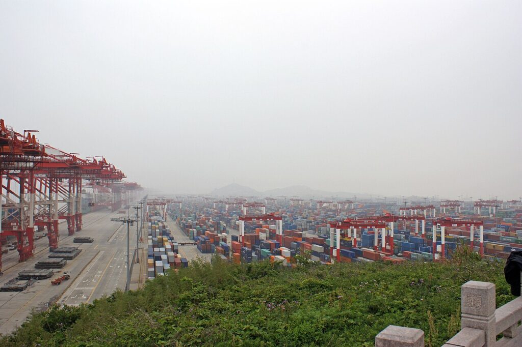 Container cranes at the Yangshan deep-water port terminal near Shanghai, China