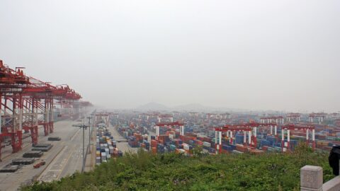 Container cranes at the Yangshan deep-water port terminal near Shanghai, China