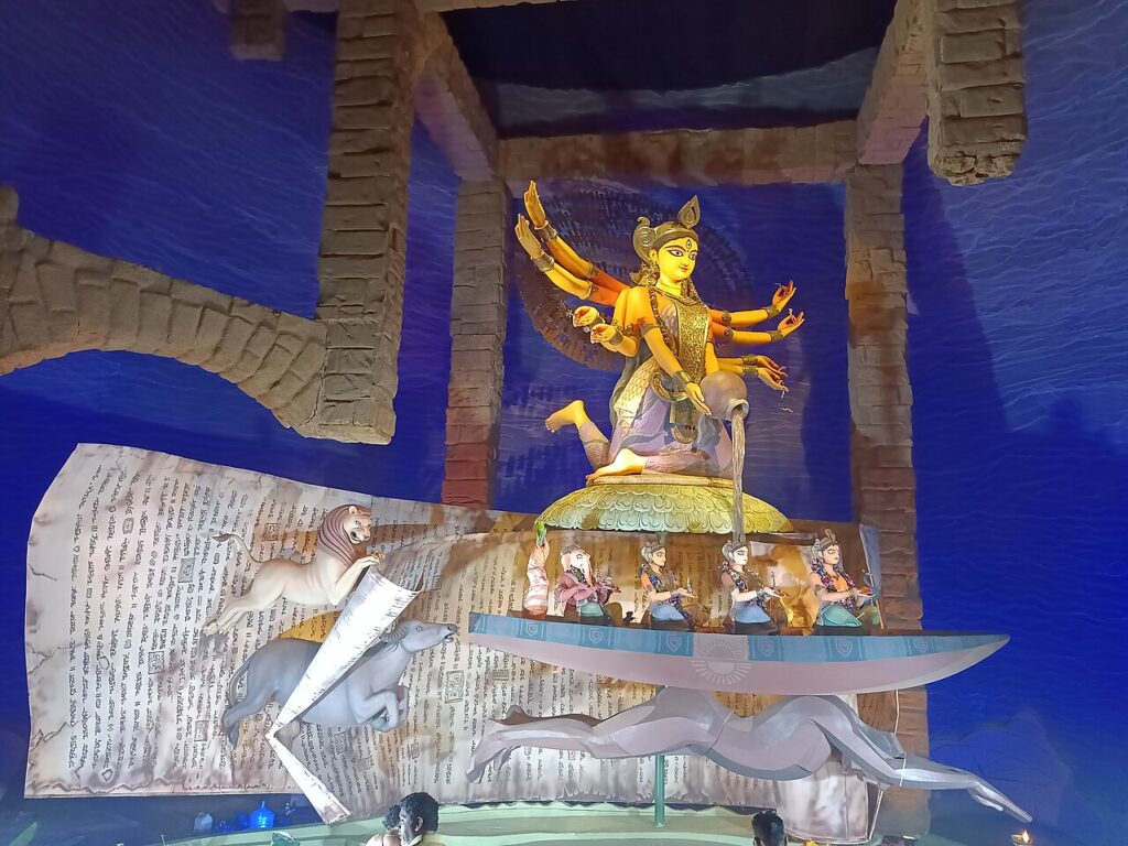 The Durga idol at Kolkata's Chorbagan Sarbojanin pandal, where a stampede killed 17 people on October 17, 2026.