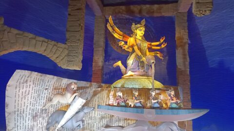 The Durga idol at Kolkata's Chorbagan Sarbojanin pandal, where a stampede killed 17 people on October 17, 2026.