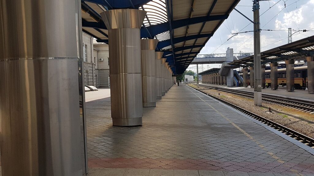 Platform at Dnipro's central railway station in Ukraine.