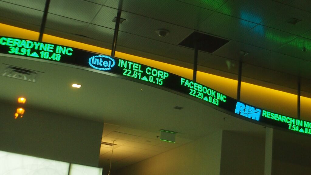 A stock ticker board displaying share prices in San Francisco