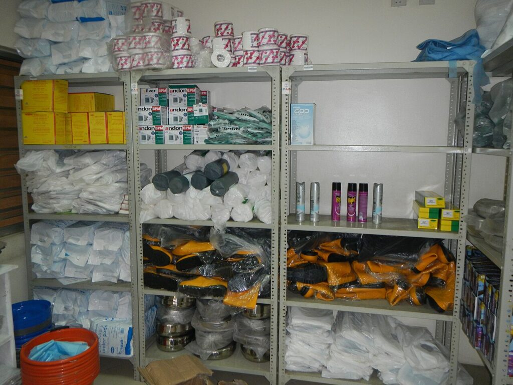 Shelves of medical supplies and protective equipment stockpiled for the Ebola isolation ward in Lagos, Nigeria, during the 2014 outbreak (file photo)