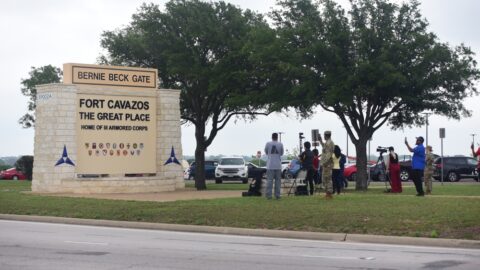 Entrance sign at Fort Cavazos, formerly Fort Hood, Texas