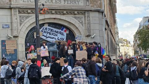 Students demonstrate outside Lycée Jules Ferry in Paris during the October 1, 2026 school protest
