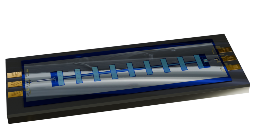 Depiction of a superconducting quantum chip with wire bonds