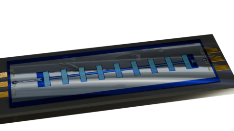 Depiction of a superconducting quantum chip with wire bonds
