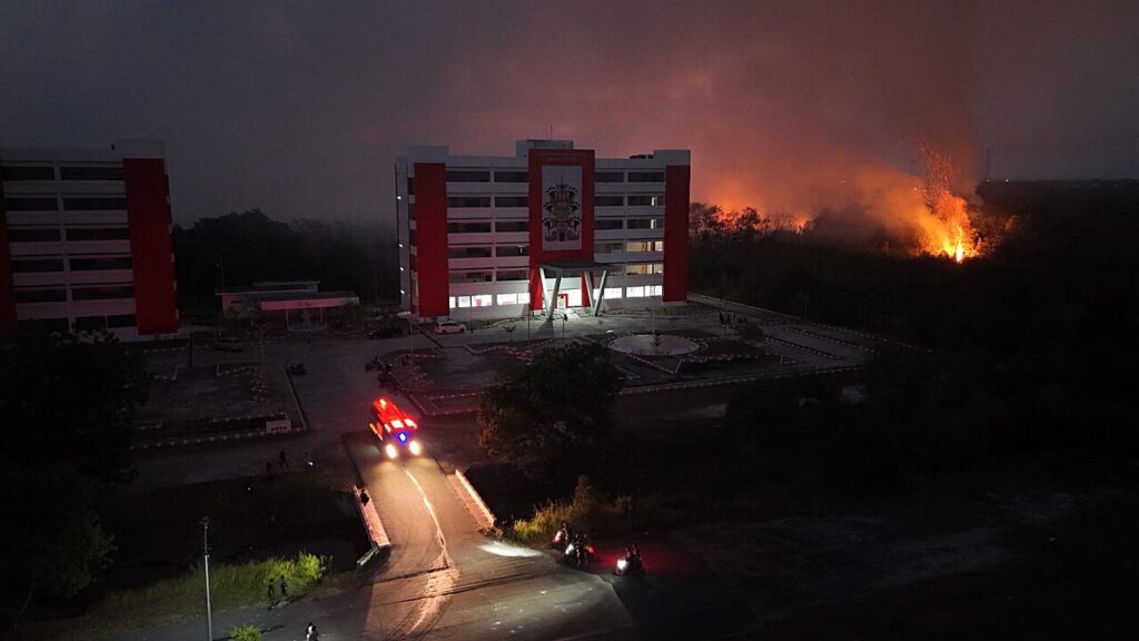 An active forest fire burns at night near Palangka Raya, Central Kalimantan, in August 2026