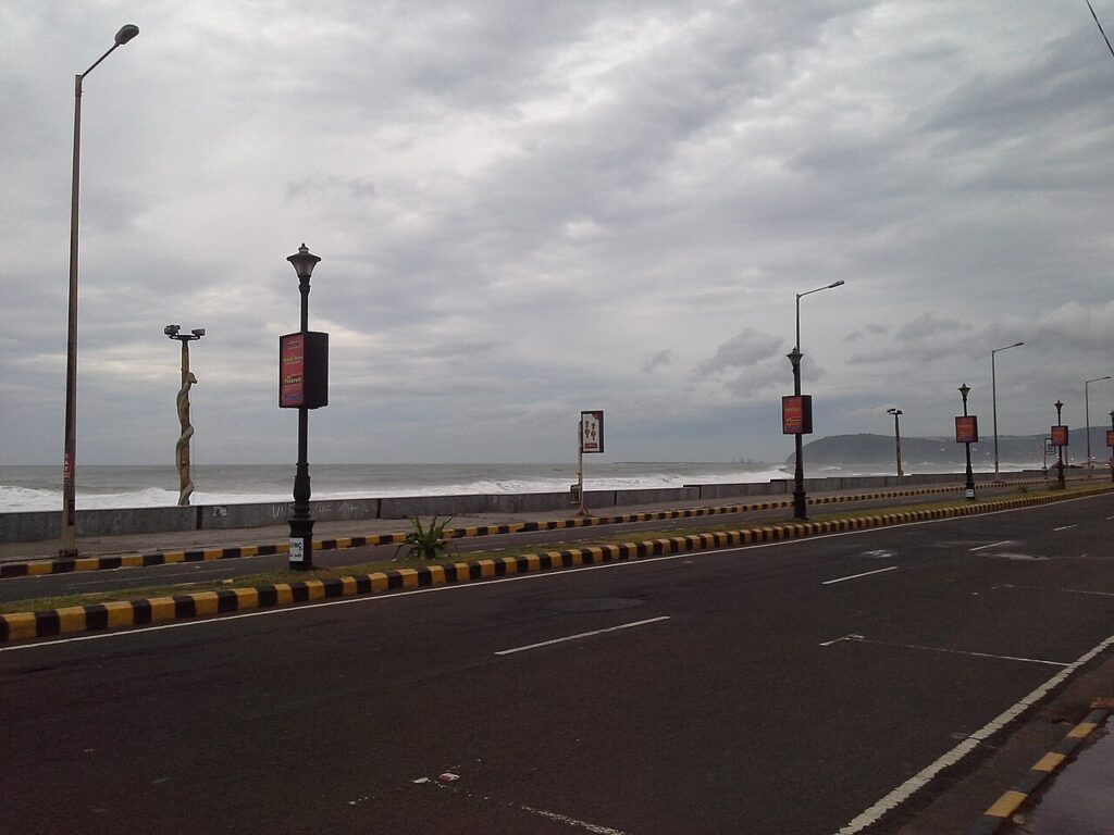Storm clouds and rough sea along RK Beach Road, Visakhapatnam