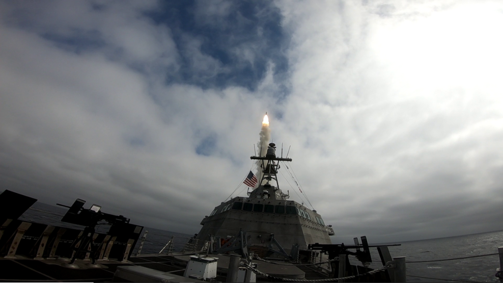 The littoral combat ship USS Savannah fires an SM-6 interceptor from a containerized launcher in the eastern Pacific, October 2023