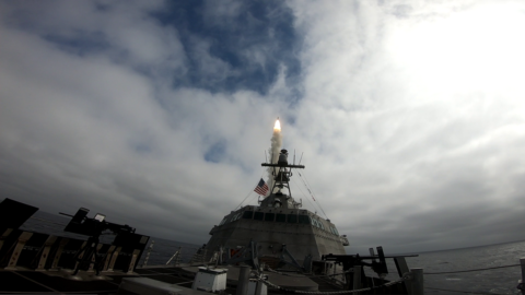 The littoral combat ship USS Savannah fires an SM-6 interceptor from a containerized launcher in the eastern Pacific, October 2023