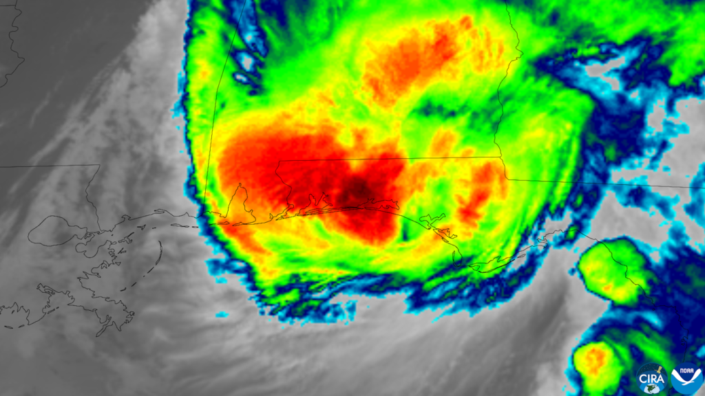 Satellite image of Hurricane Isaias making landfall near Destin, Florida on October 9, 2026.