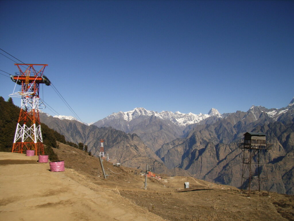 Ropeway over Joshimath town in Uttarakhand, India